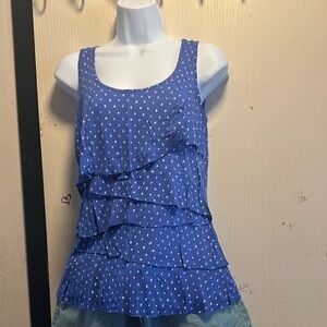 Liz Claiborne Blue Polka Dot Ruffle Tank Top - Cute Summer Sleeveless Shirt